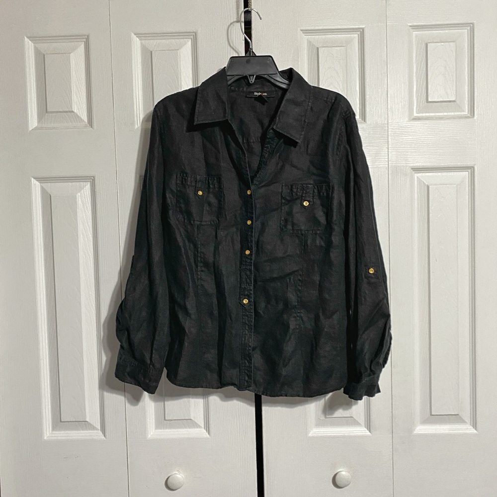 PRETTY Style & Co black linen button down blouse top shirt plus  size 18